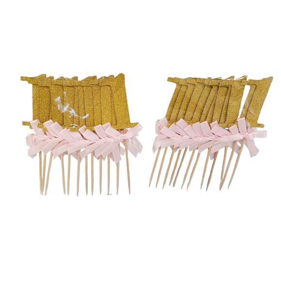 Baby Girl First Birthday Decorations Glitter Gold With Pink Bow Cupcake Toppers - Picture 5 of 5